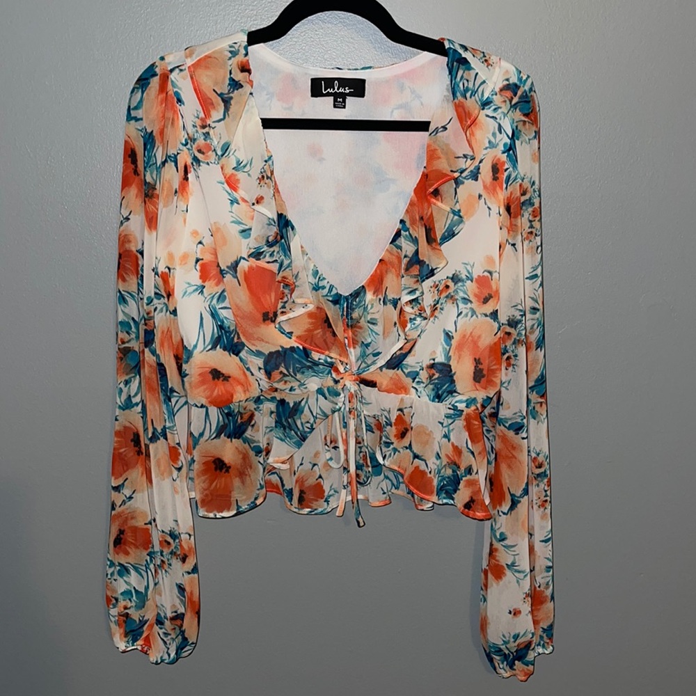 White Floral Print Ruched Ruffled Crop Top